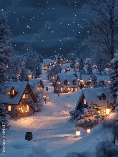 Snowy Village Houses Glowin...