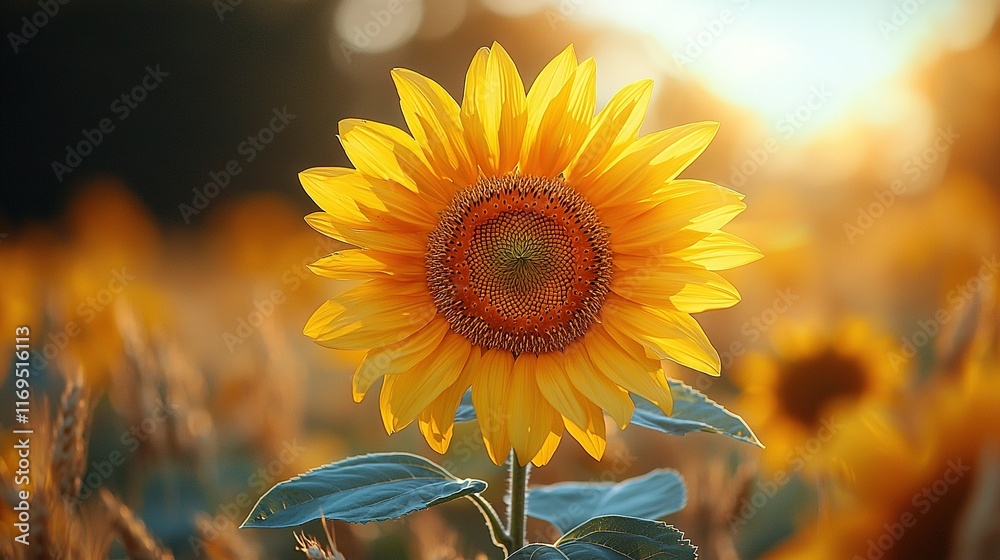 Fototapeta premium A sunflower stands out in a sea of sunflowers, bathed in golden light from behind and above