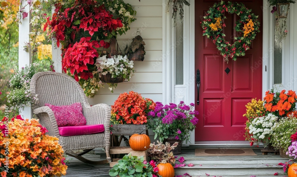 Fototapeta premium Autumnal porch dÃ©cor: wicker chair, pumpkins, flowers, wreath.