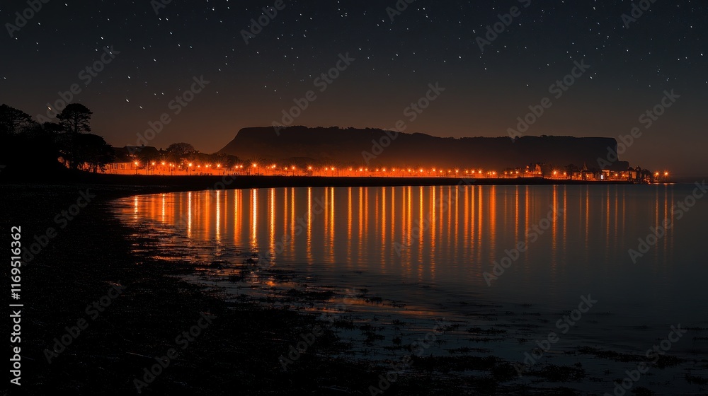 Fototapeta premium Night cityscape reflected in calm water under starry sky. (1)