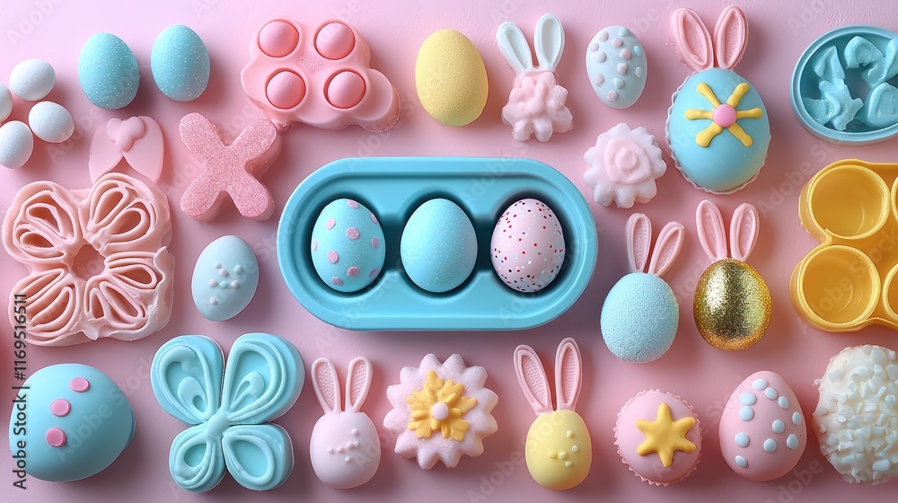 A DIY craft station featuring Easter egg molds, glitter, and bunny-shaped cookie cutters. A DIY craft station featuring Easter egg molds, glitter, and bunny-shaped cookie cutters.
