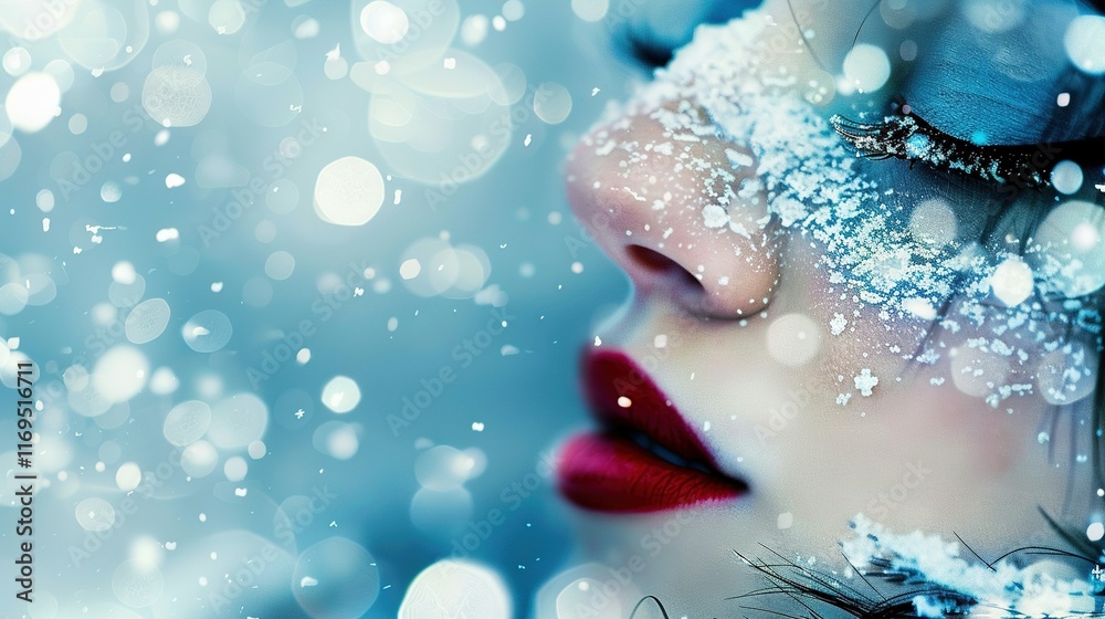 Obraz premium Close-up of a woman's face covered in snow with snowflakes on her face