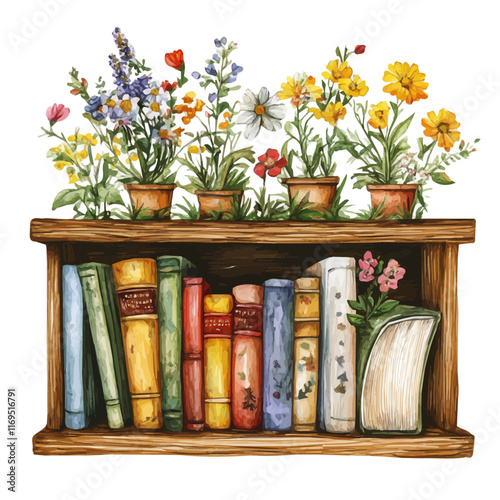 A watercolor vector painting of a bookshelf with books and natural flowers, isolated on a white background. Bookshelf with books and flowers vector.

