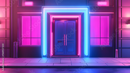Vintage neon-lit entrance with pink and blue glow, retro nightclub urban street facade exterior concept lighting. Nightspire. Illustration
