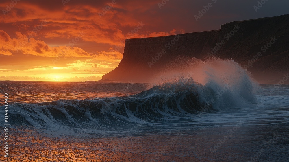 Ocean waves crashing on shore at sunset with cliffs in background. Ocean waves crashing on shore at sunset with cliffs in background.