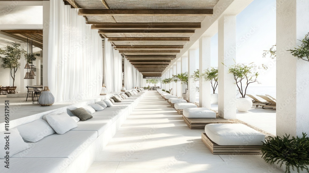 Obraz premium Serene Coastal Lounge: Minimalist Design Meets Tranquil Ocean Views