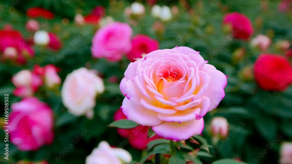 Blooming roses in focus: closeup transition from buds to full blossom in a lush garden Blooming roses in focus: closeup transition from buds to full blossom in a lush garden