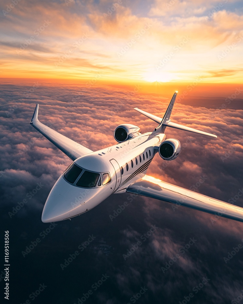 Fototapeta premium Business Jet Flying Above Clouds at Sunset