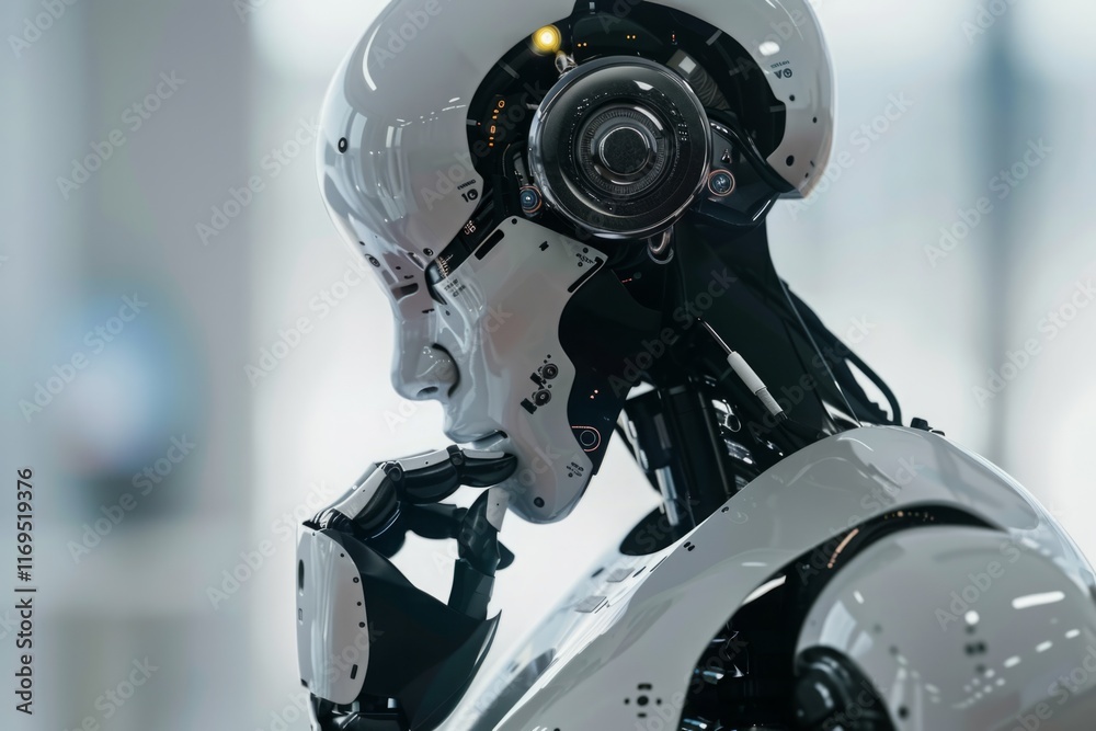 Fototapeta premium A robot with a white body and black head is looking at the camera