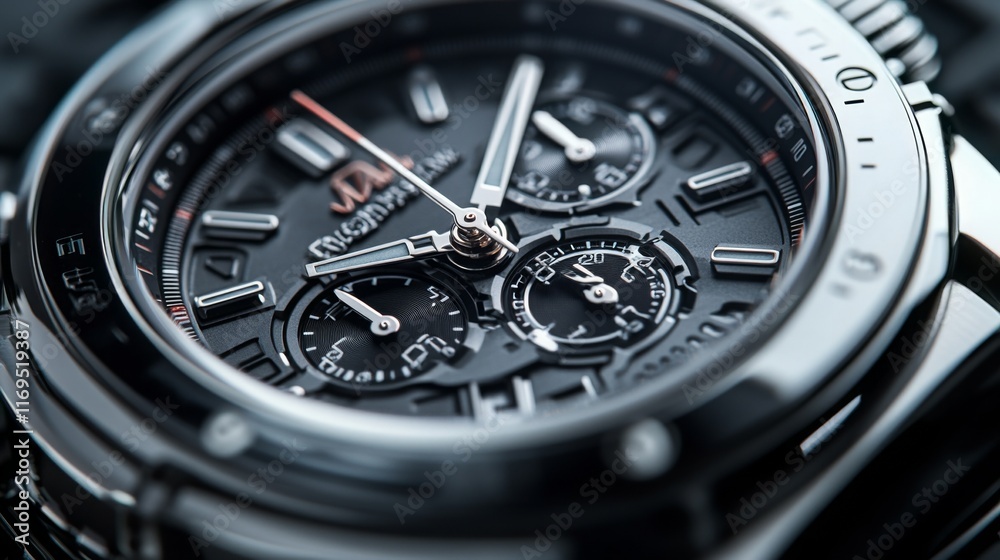 An up-close view of a high-end, silver and black timepiece with a metal band that displays the complex design and chronograph function. Artificial Intelligence - An up-close view of a high-end, silver and black timepiece with a metal band that displays the complex design and chronograph function. Artificial Intelligence -