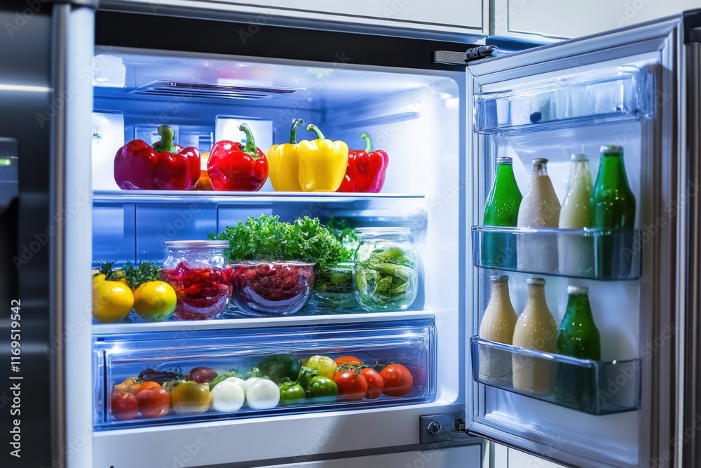 Colorful vegetables and fresh juices neatly arranged inside a modern refrigerator in a kitchen Colorful vegetables and fresh juices neatly arranged inside a modern refrigerator in a kitchen