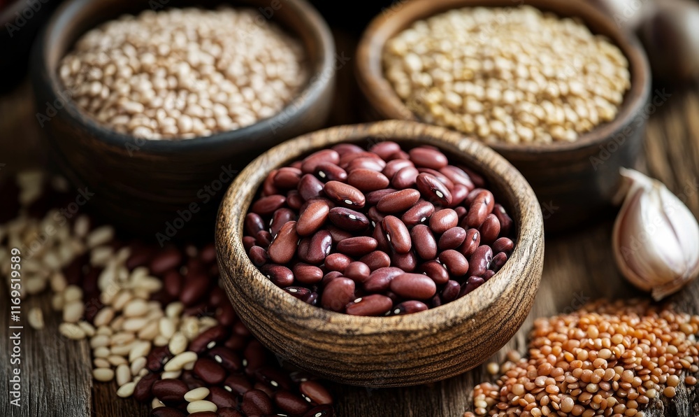 Wooden bowls of assorted dried beans and lentils. Wooden bowls of assorted dried beans and lentils.