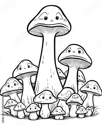 Adorable creepy kawaii mushroom coloring page for kids and adults with vintage, Cute mushrooms in a clearing among the flowers with vector illustration for coloring book.