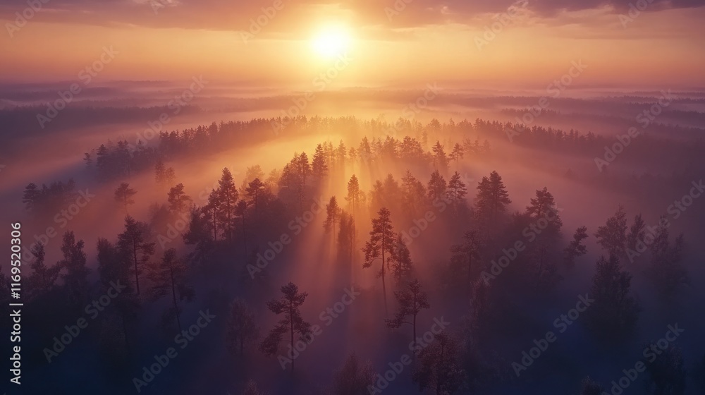 Sunrise over Misty Forest: An Aerial View of Golden Rays Illuminating a Tranquil Woodland Sunrise over Misty Forest: An Aerial View of Golden Rays Illuminating a Tranquil Woodland