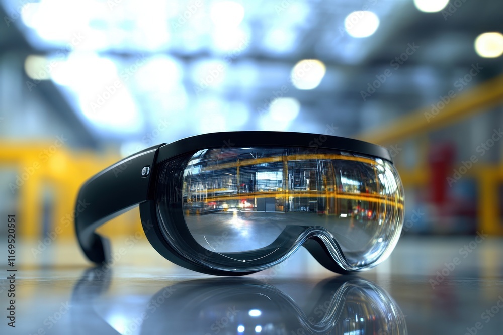 Advanced smart glasses resting on a reflective surface in a modern industrial setting Advanced smart glasses resting on a reflective surface in a modern industrial setting