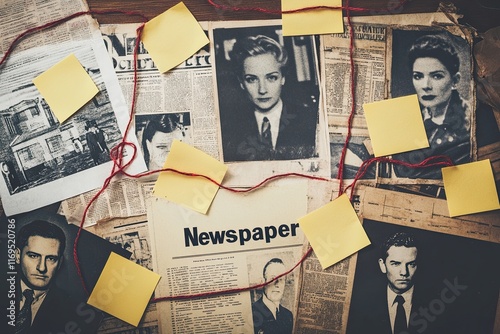 A toned detective board with images of suspected criminals, crime scenes, and evidence, interlinked by red threads