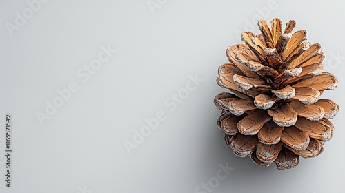 Pine cone with frosted tips on white background, copy space. photo