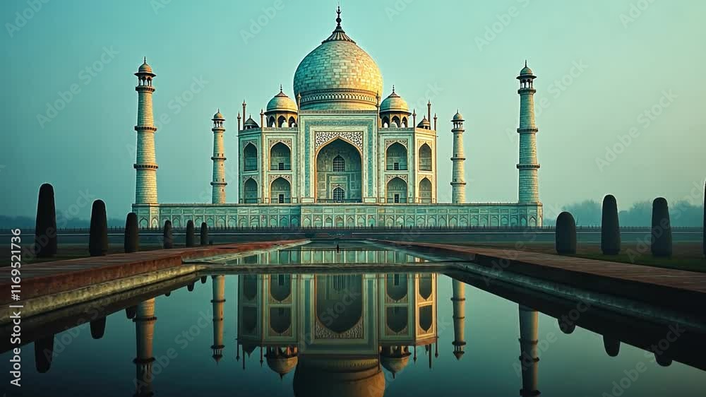 This Taj Mahal glows in the morning light, perfectly mirrored in still waters.