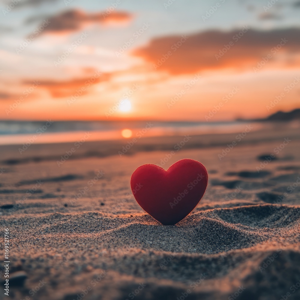 Fototapeta premium Lonely heart on the sand by the sea, against the backdrop of sunset, Valentine's Day
