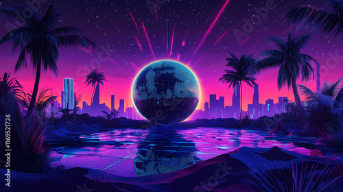 Retro disco ball with neon glow for nightclub and party atmosphere. Nightspire. Illustration
