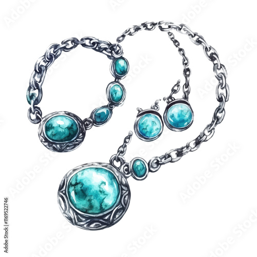 A watercolor vector painting of an artistic silver and turquoise jewelry set, isolated on a white background. Artistic silver and turquoise jewelry set vector.

