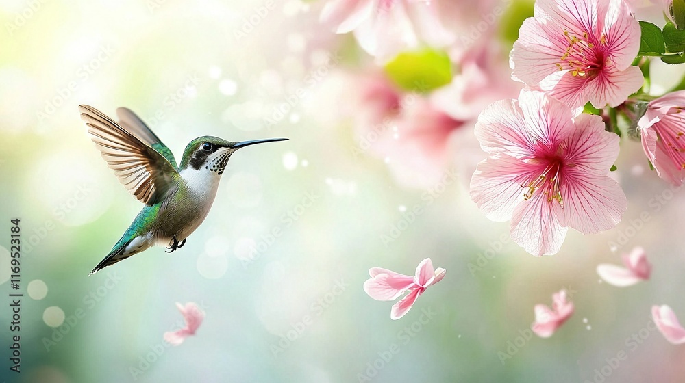 Naklejka premium A hummingbird flying over pink flowers in sharp focus against a hazy backdrop of pink blossoms