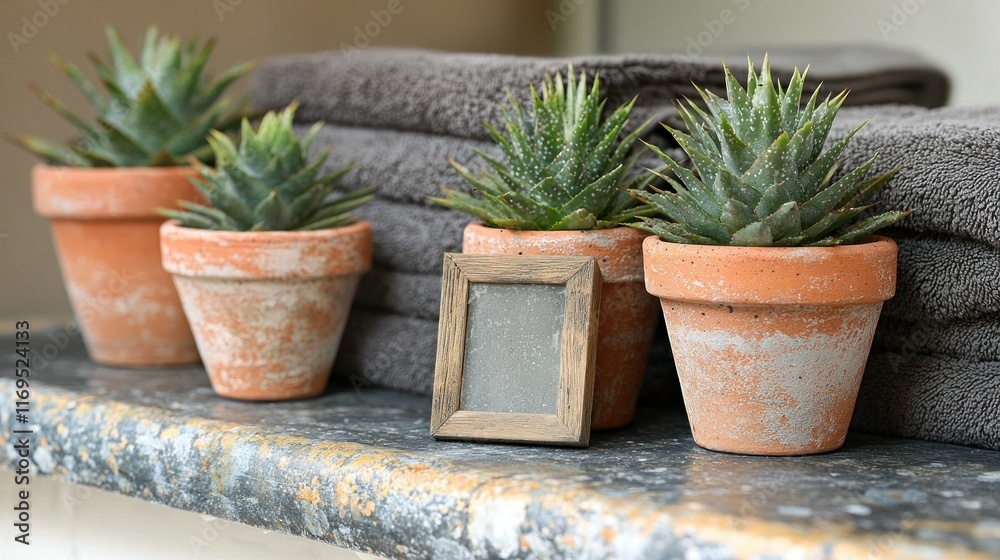 Potted succulents, towels, blank frame on bathroom counter. Potted succulents, towels, blank frame on bathroom counter.