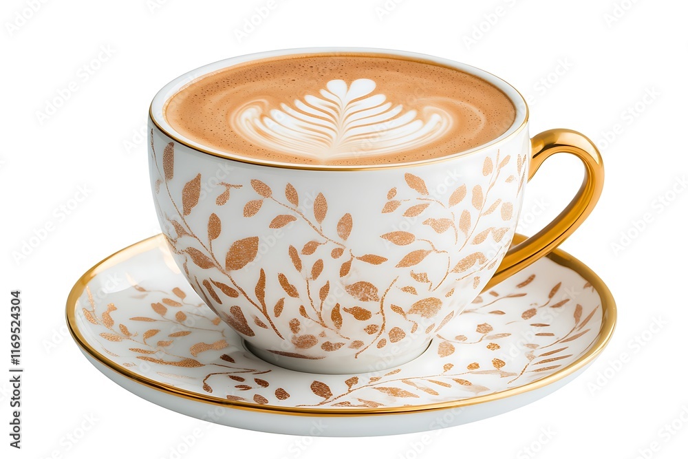 A beautifully designed cup of latte with intricate leaf pattern art. A beautifully designed cup of latte with intricate leaf pattern art.