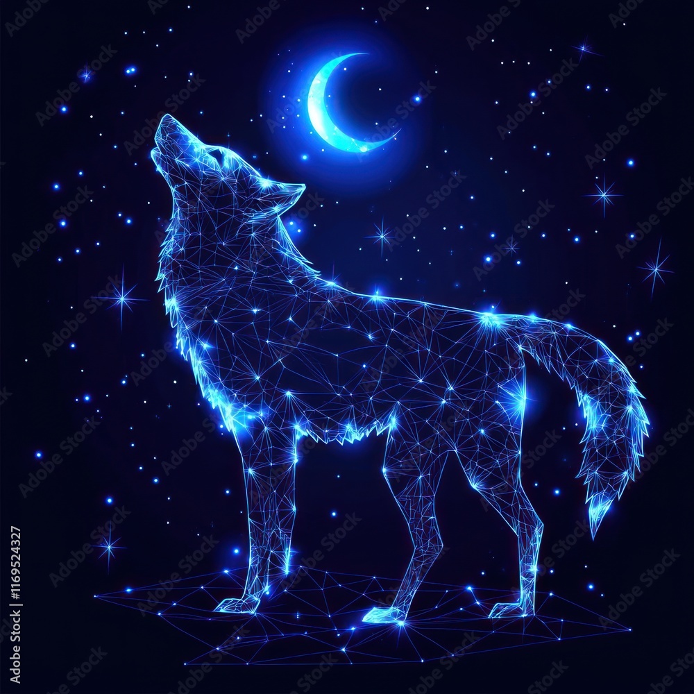A glowing, geometric wolf howling at a crescent moon amidst a starry night sky. A glowing, geometric wolf howling at a crescent moon amidst a starry night sky.
