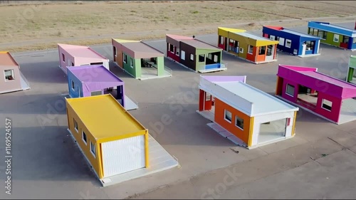 Row of prefab homes with colorful, geometric designs. photo