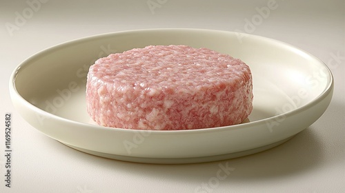 Raw burger patty on plate, simple background, ready to cook.