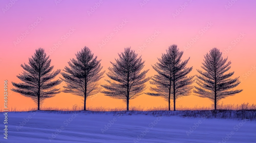 Five Silhouetted Pines at Sunset in Winter Wonderland Five Silhouetted Pines at Sunset in Winter Wonderland
