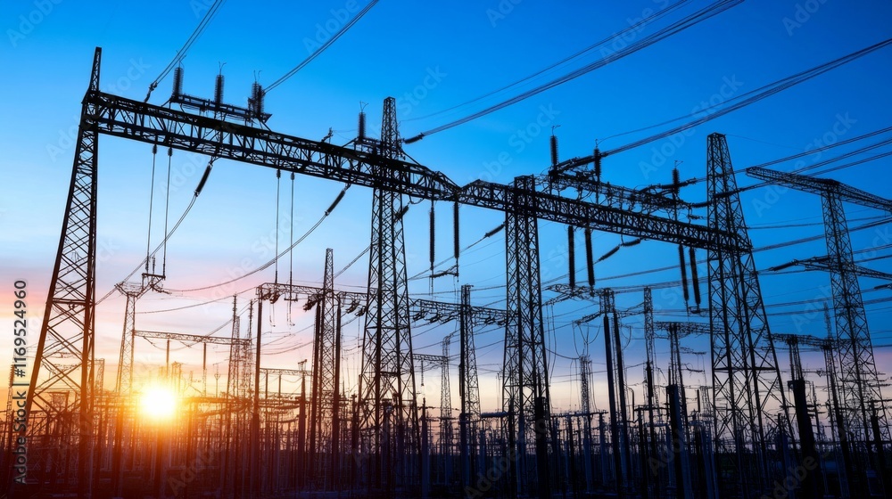 Scenic Sunset Over Vibrant Rural Power Infrastructure Scenic Sunset Over Vibrant Rural Power Infrastructure