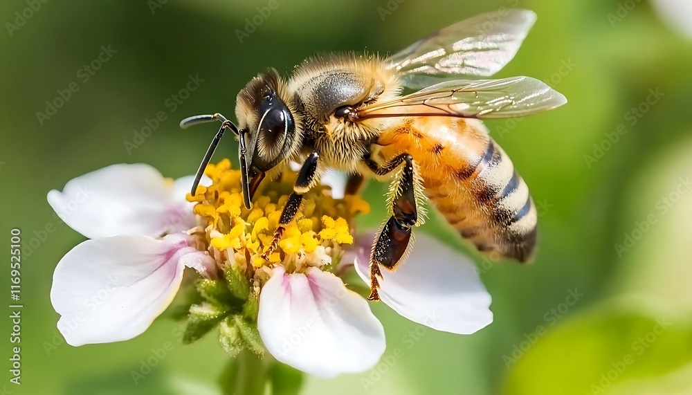 A bee collecting pollen from a flower, showcasing nature's pollination process. A bee collecting pollen from a flower, showcasing nature's pollination process.