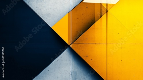 Geometric shapes in bright yellow and dark navy with contrasting textures of glass and concrete, set on a clean, neutral background for a modern look.