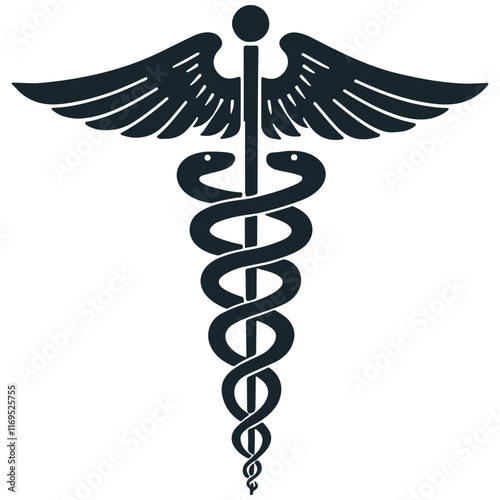 The image shows the Caduceus, a symbol often associated with medicine and healthcare. It depicts a staff with two snakes winding around it and topped with two wings.
