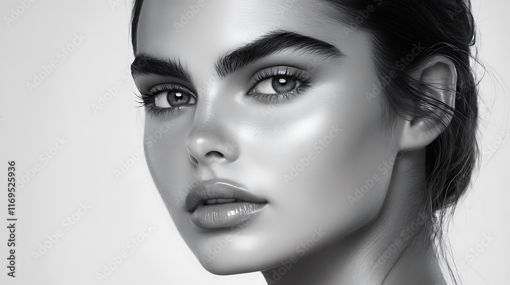 A close-up black and white portrait emphasizing facial features and beauty. A close-up black and white portrait emphasizing facial features and beauty.