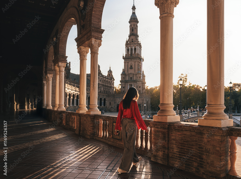 Fototapeta premium Walks along the colonnaded walkway of Plaza de España, Seville, Spain. The iconic tower and ornate columns are illuminated by golden sunset light, showcasing historic architecture.