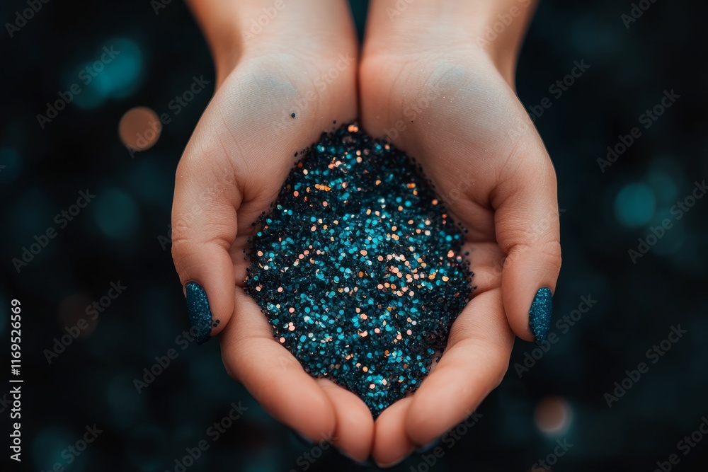 Hands cupping glittering teal and orange specks. Hands cupping glittering teal and orange specks.