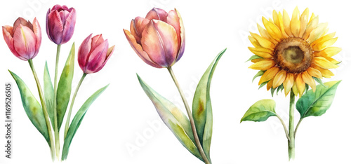 Watercolor floral illustration, vibrant tulips, bright sunflower, botanical art, nature-inspired design, decorative elements.