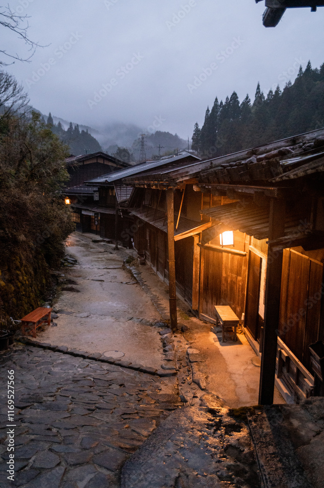 japanese village in the night, mountain 