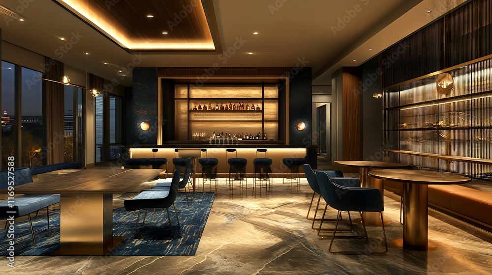 Luxurious hotel bar with modern design, dark wood, blue chairs, and city view. Luxurious hotel bar with modern design, dark wood, blue chairs, and city view.