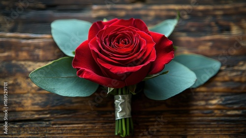 Red rose boutonniere on rustic wood, background blurred. photo