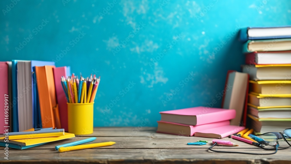 Colorful Back to School Supplies and Books on Wooden Desk