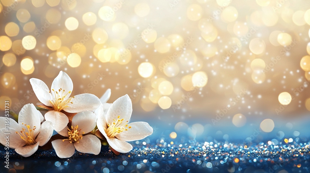 A cluster of white blossoms resting atop a blue and gold-glittered surface beneath twinkling backdrops A cluster of white blossoms resting atop a blue and gold-glittered surface beneath twinkling backdrops