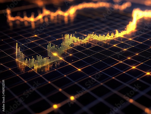 Tech-inspired stock graph glowing on a black grid.