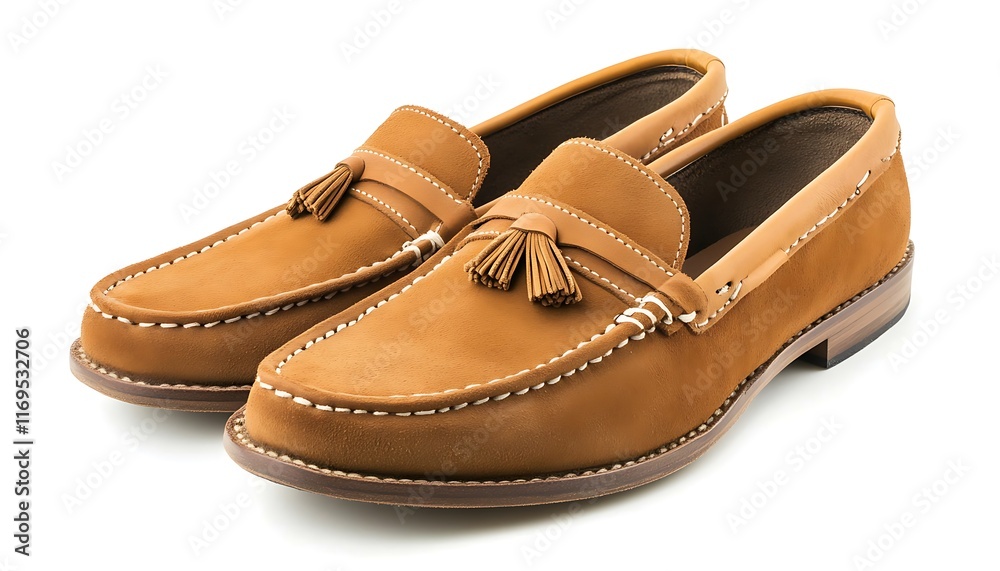 A pair of stylish tan loafers with tassels, suitable for casual or semi-formal wear. A pair of stylish tan loafers with tassels, suitable for casual or semi-formal wear.