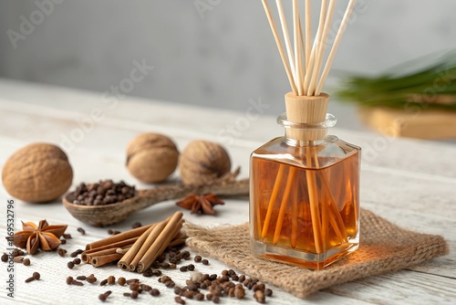 A diffuser with warm amber liquid, accompanied by spices like cloves and nutmeg photo