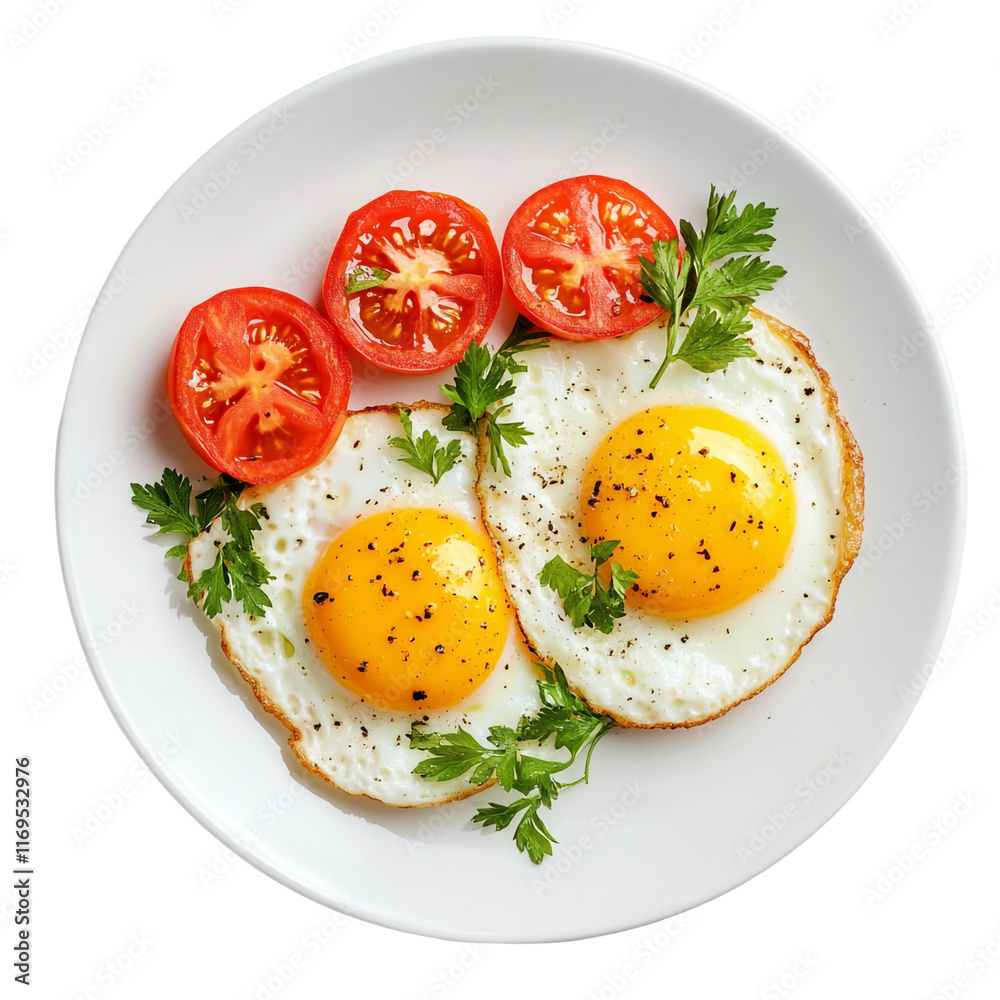Two Sunny Side Up Eggs with Tomatoes and Parsley Two Sunny Side Up Eggs with Tomatoes and Parsley