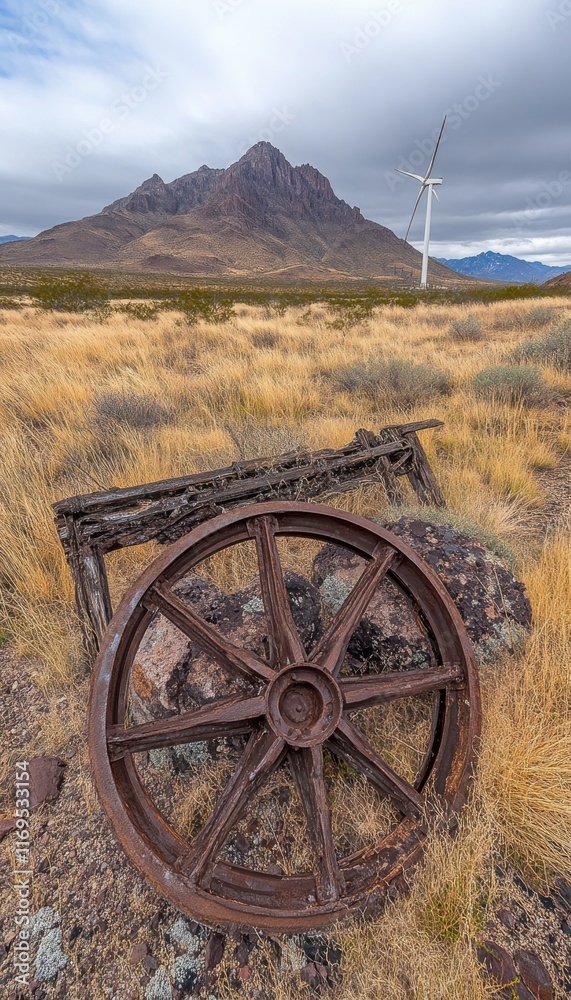 Fototapeta premium Rusty wagon wheel rests in a desert landscape, a modern wind turbine and mountains in the background.